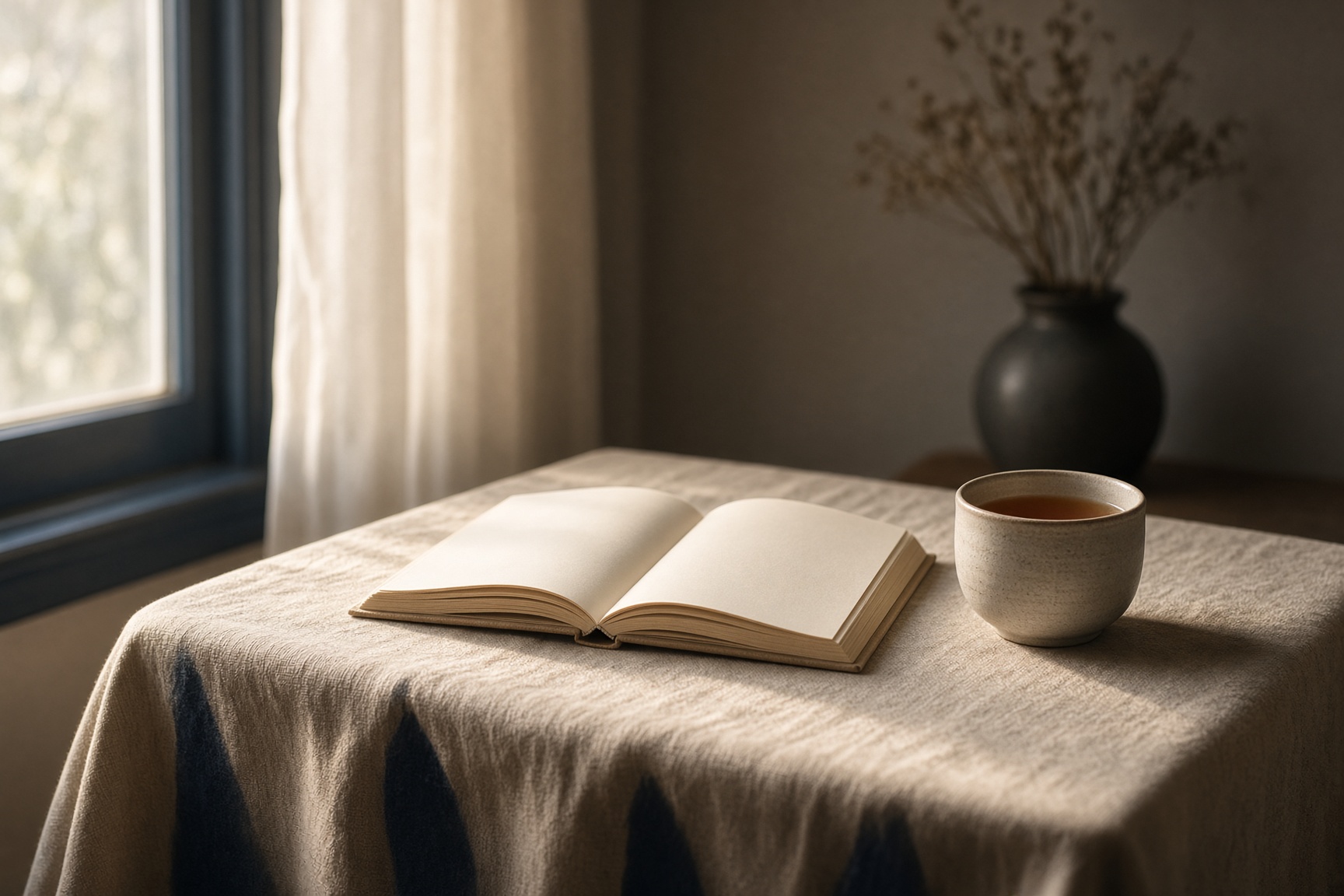 An open book and a cup of tea in window light